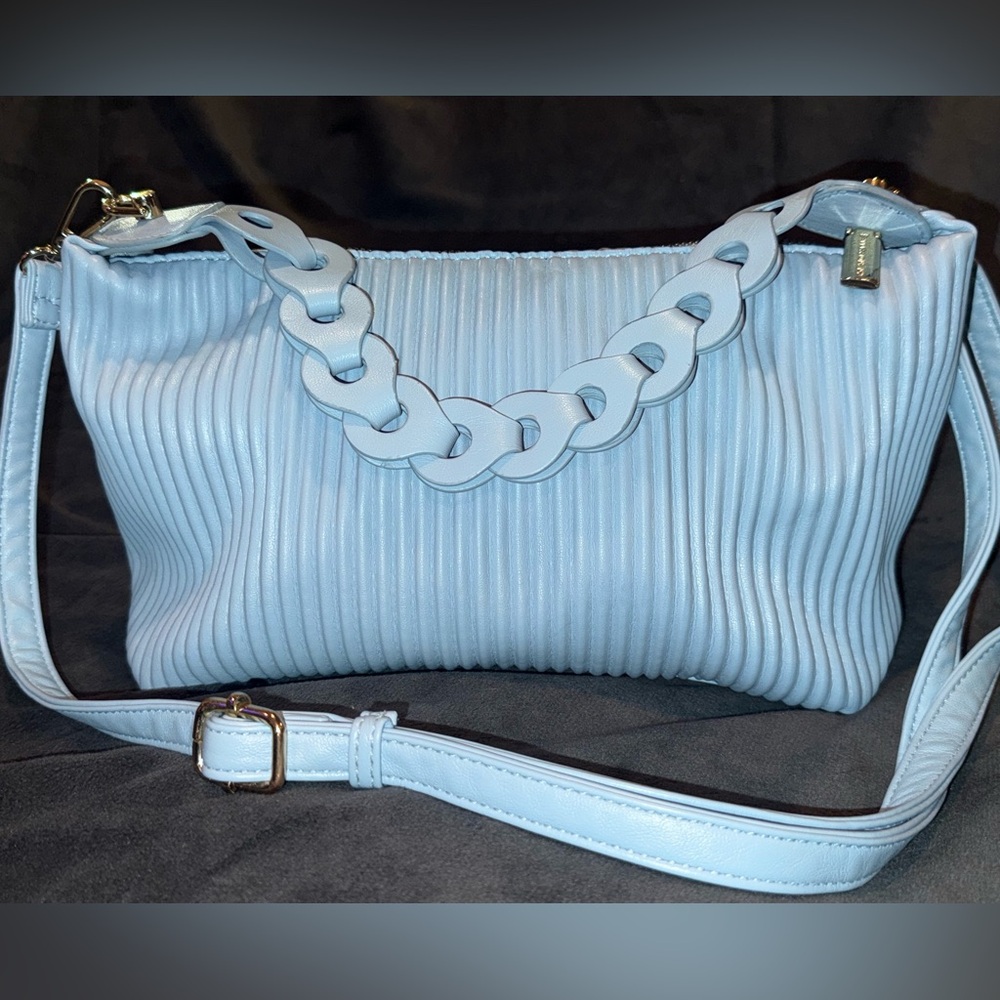 Expressions NYC Slouchy Pleated Powder Blue Crossbody Shoulder Bag w Link Strap
